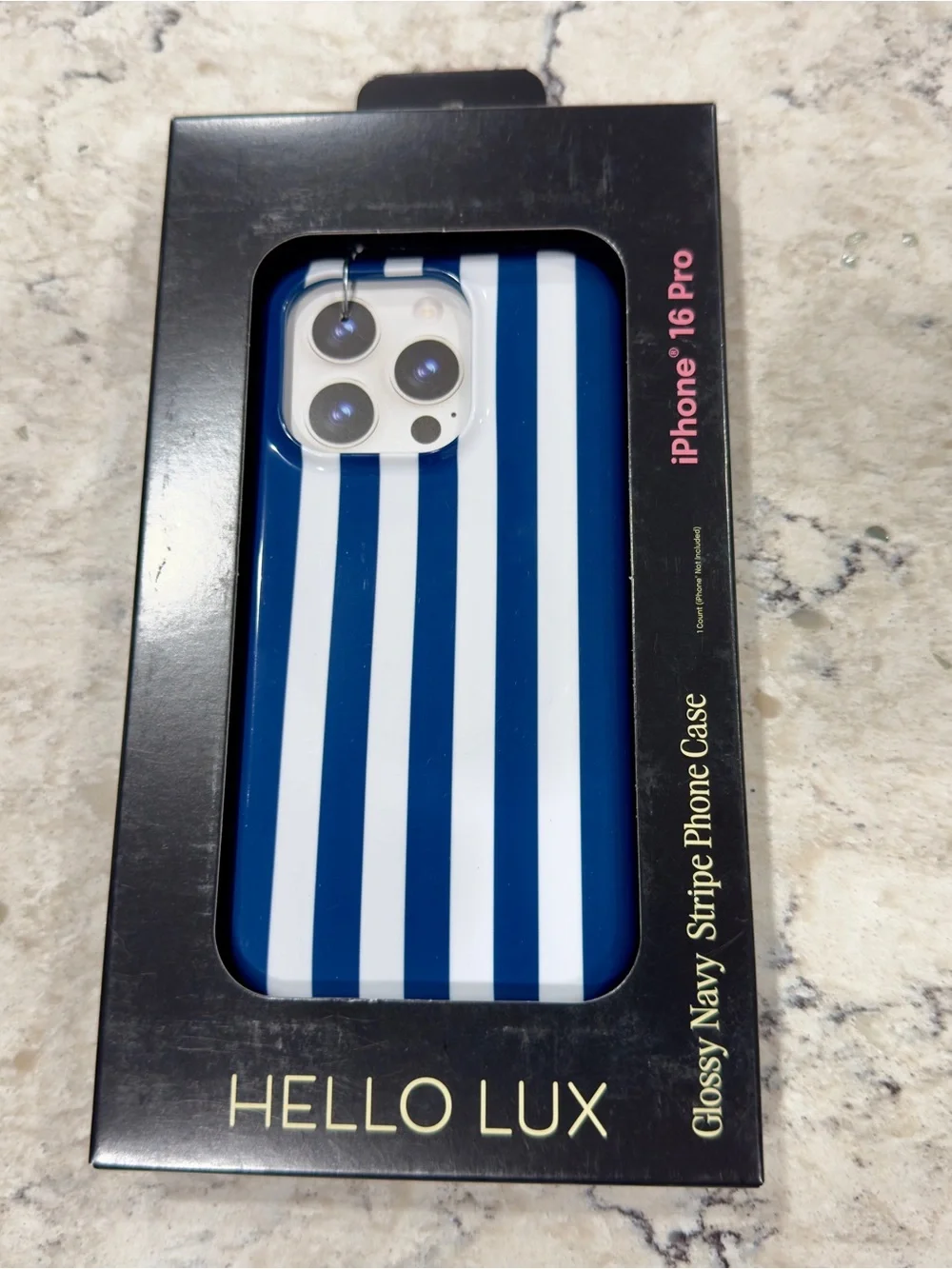 New Hello Lux Glossy Navy Stripe iPhone 16 Pro Phone Case